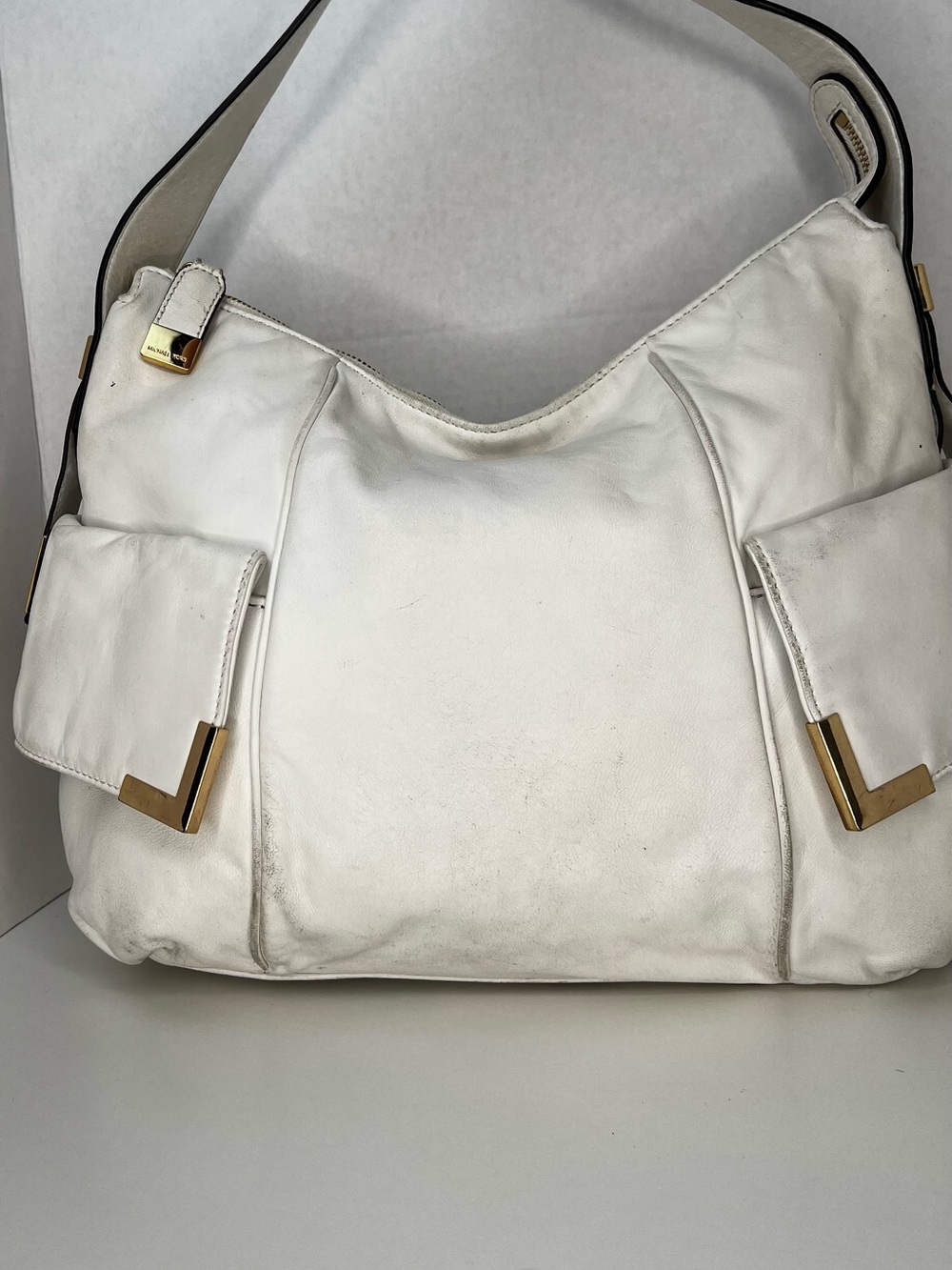 Michael Kors White Leather Large Hobo Shoulder Bag Gold Hardware Purse
